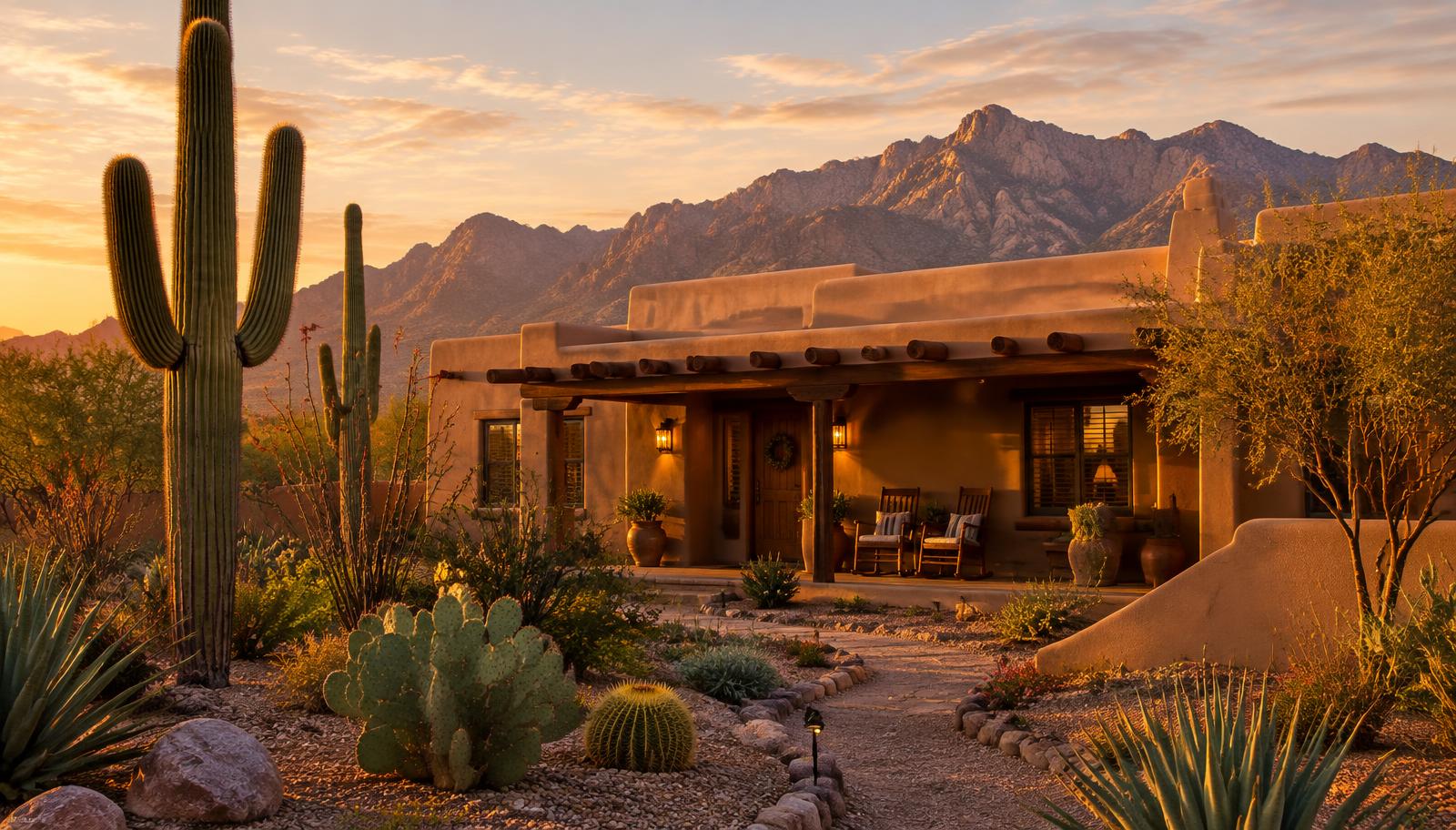 Adobe-style care home in the Tucson desert at sunset